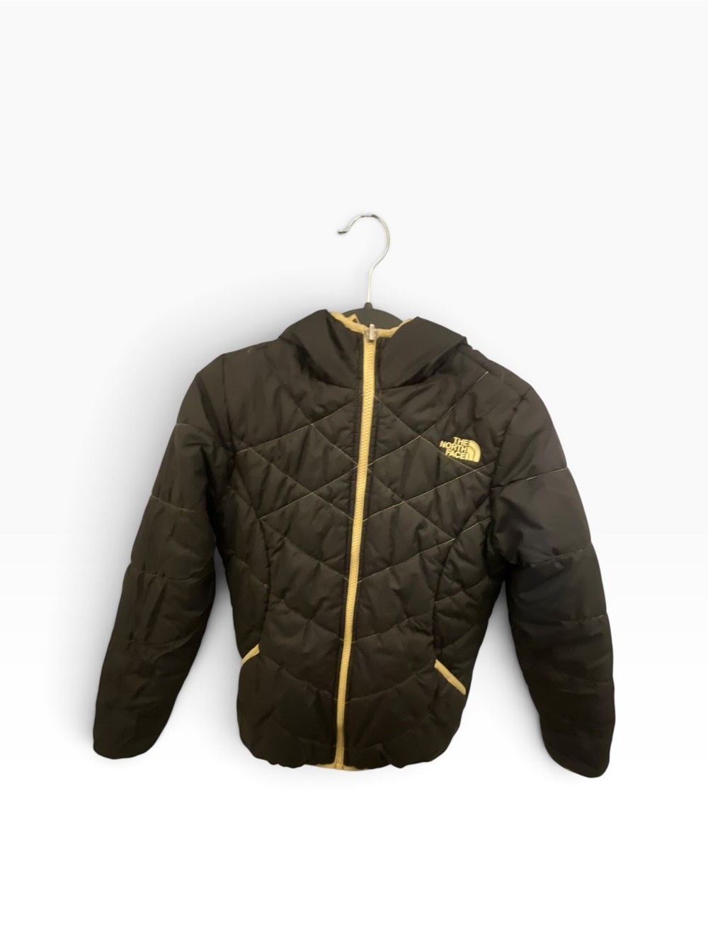 The North Face Black Quilted Hooded Puffer with Yellow Accents